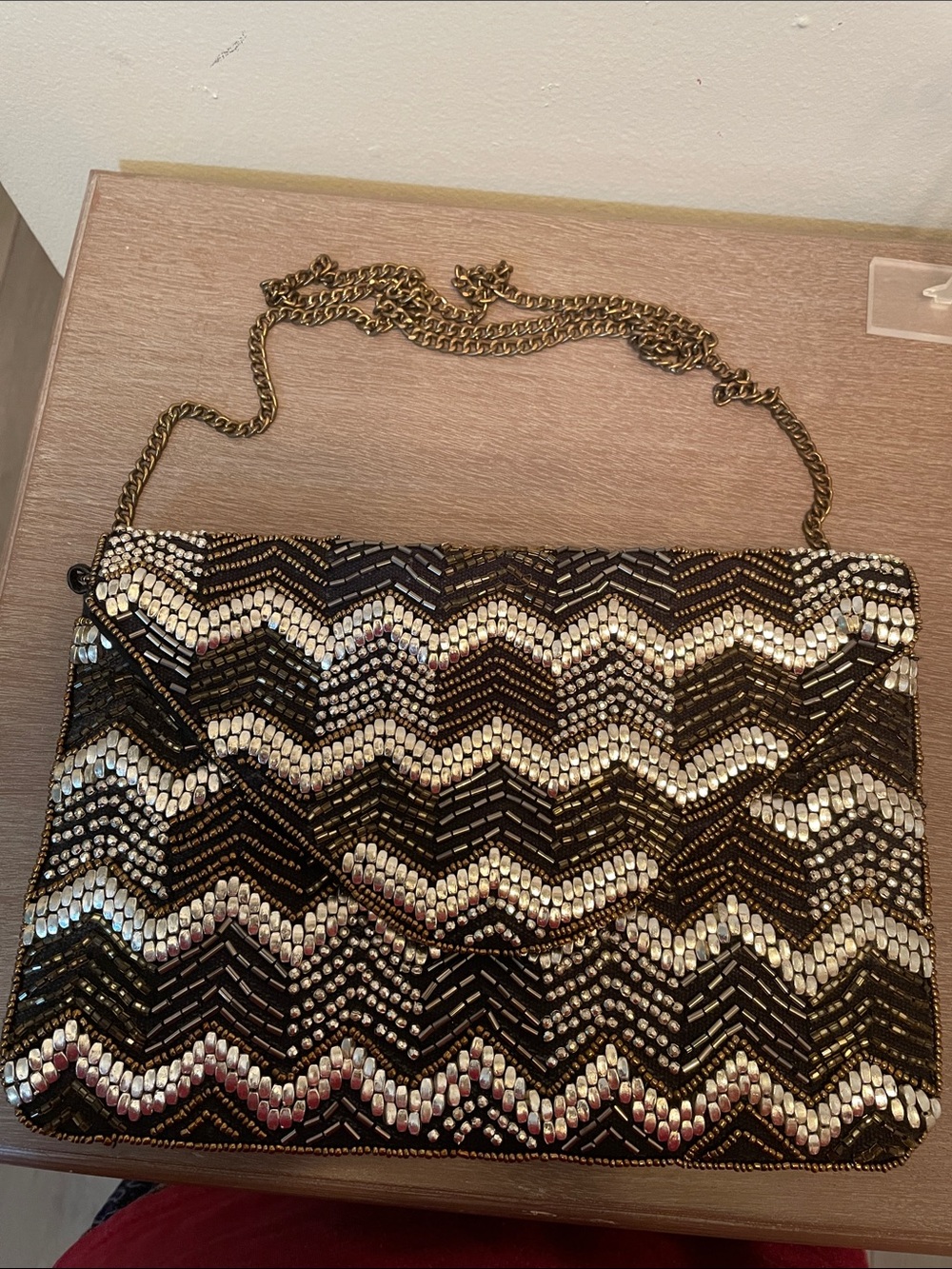 Source Unknown Black & Gold Beaded Chevron Foldover Clutch - Picture 8 of 8